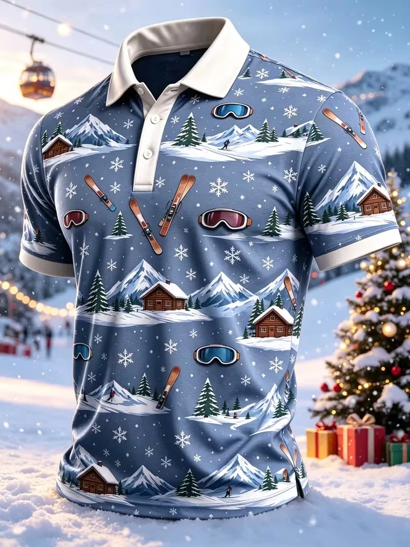 Men Christmas Polo Shirt Muscle Snowman Design 3D Printed Polo Shirts Winter Snow Holiday Party Outfit Funny Xmas Gift Clothing