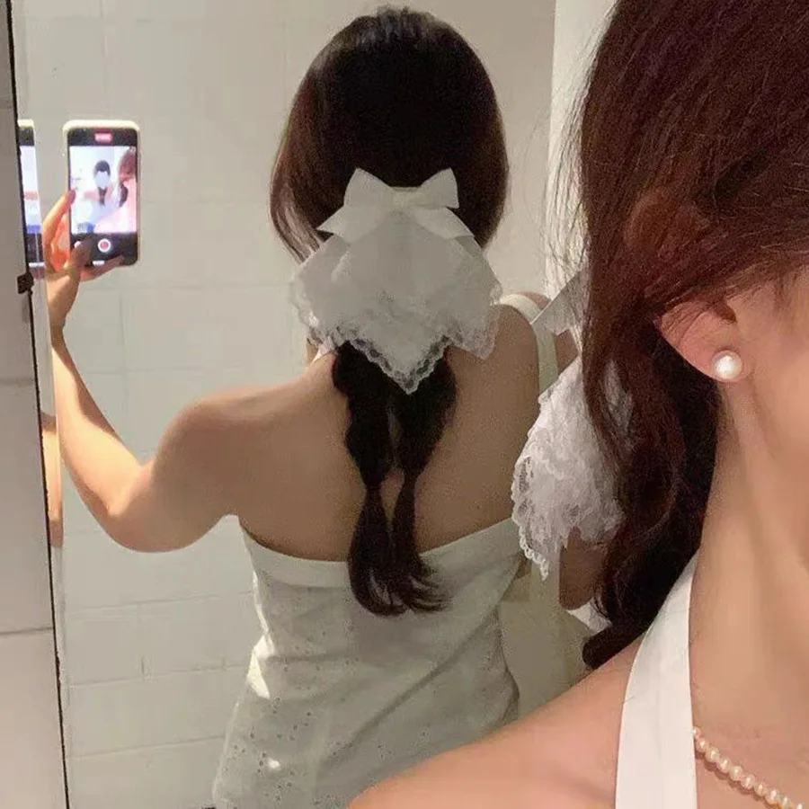 

White Lace Triangle Hair Clip Layered Bow Sweet Girly Duckbill Hair Accessory for Daily Ponytail Home Party