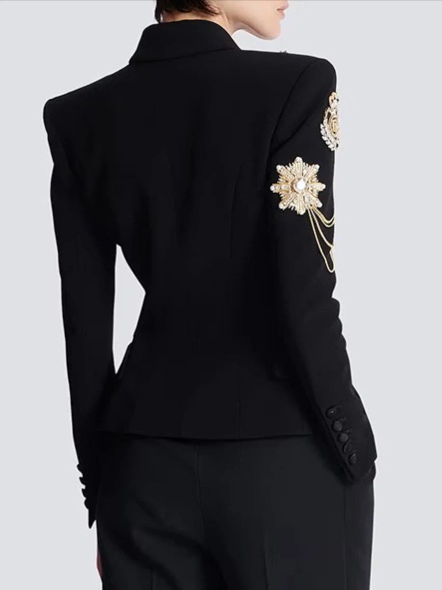 TWOTWINSTYLE Afslanken Gesplitste Kraal Temperament Blazers voor Vrouwen Revers Lange Mouwen Patchwork Kettingen Mode Blazer Vrouwelijke Nieuwe