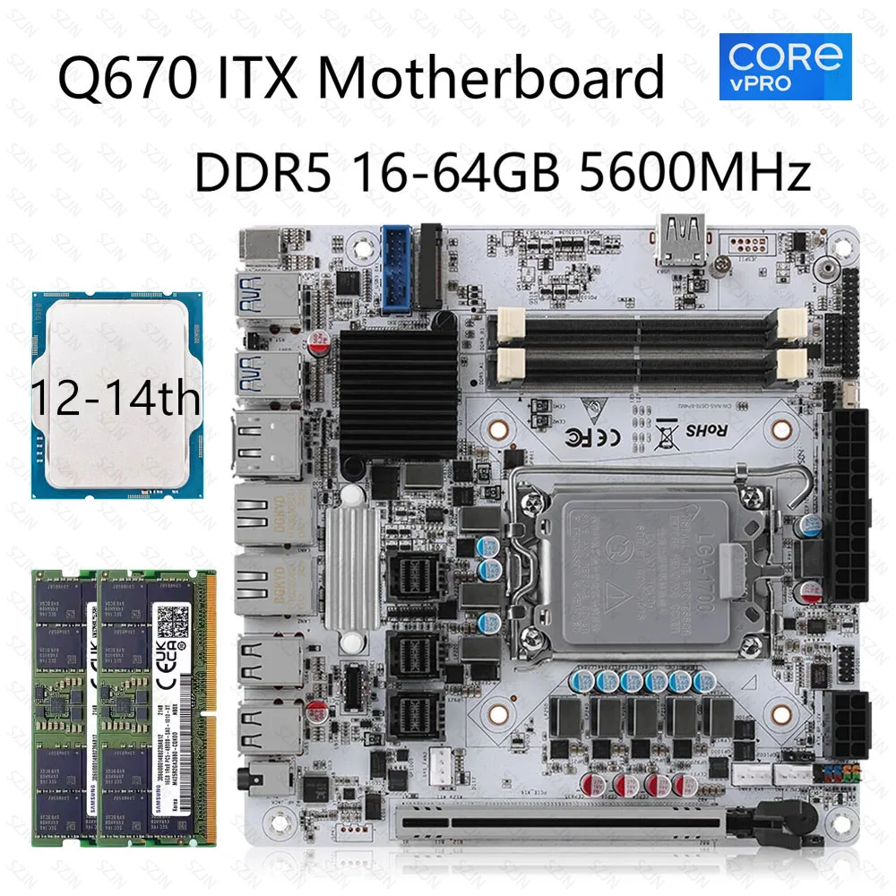 

DIY NAS Motherboard ITX Set with 12-14th Core DDR5 5600MHz Support VPro 3*M2 NVME 3*SFF-8643 for ALL in One Home NAS Server