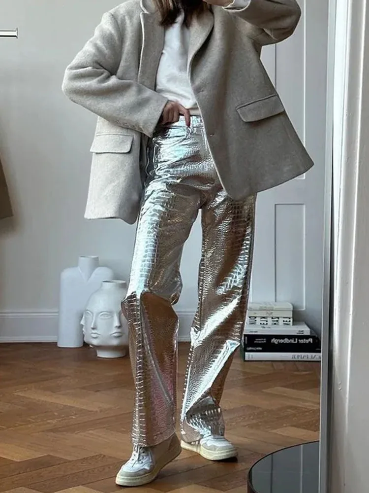 BKQU Gold Sliver Leather Straight Wide Leg Pants for Women 2024 Fashion Streetwear High Waist Scale Leather Party Club Trousers