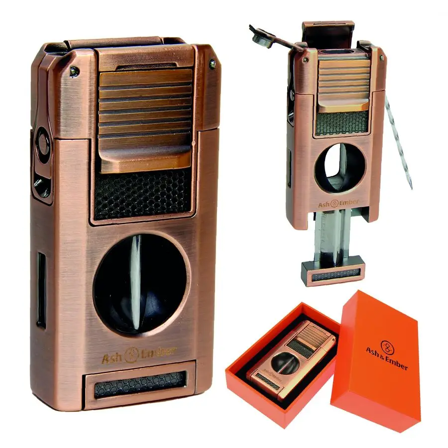 

Lighter Premium Torch Lighter Dual Jet Flame Butane Refillable Design, Windproof Adjustable Regulator, Builtin VCutter, Punch, D