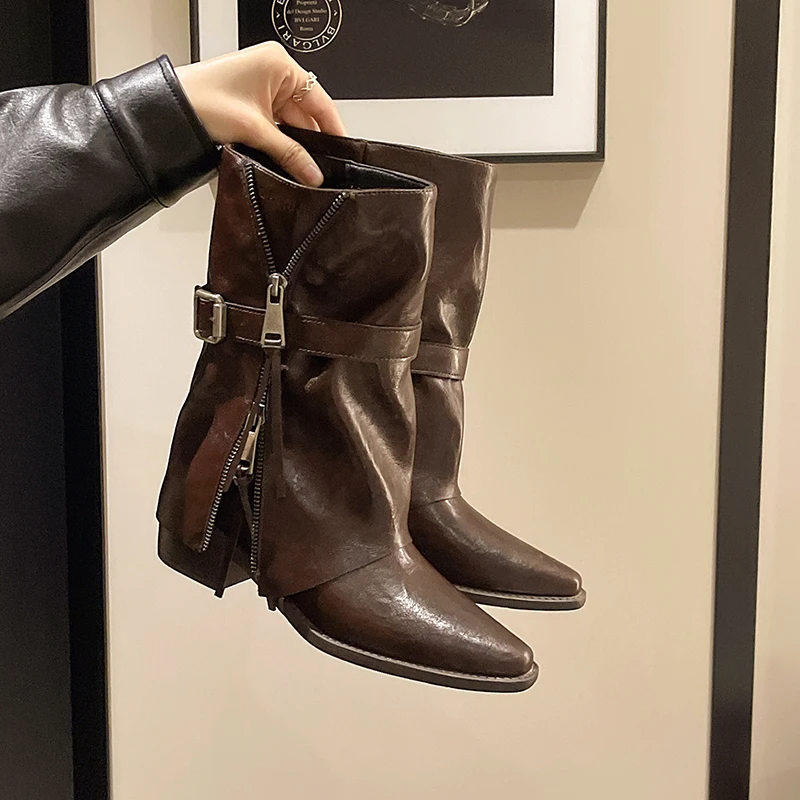 Brown Belt Buckle Tall Rider  New Pointed Toe Chunky Heel Motorbike Boots Fall/Winter Ankle Boots with Fleece Long