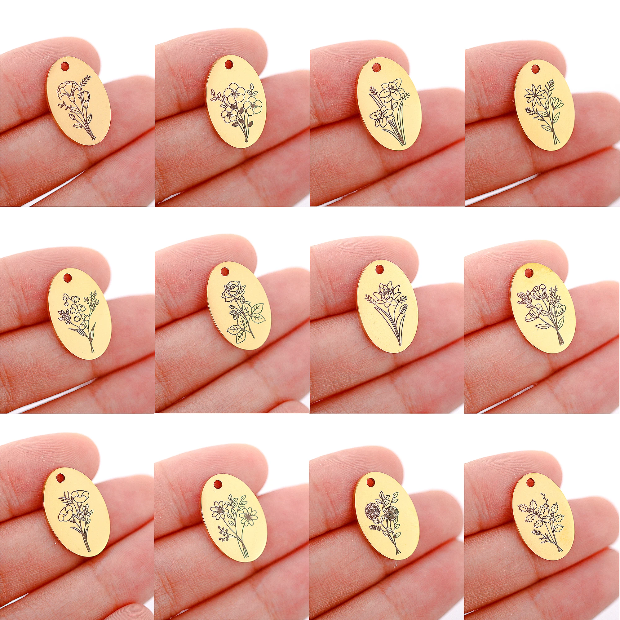 5Pcs Oval Birth Month Flower Pendants Stainless Steel Dainty Floral Disc Charms Lotus/Marigold/Rose Diy Necklace Jewelry Making