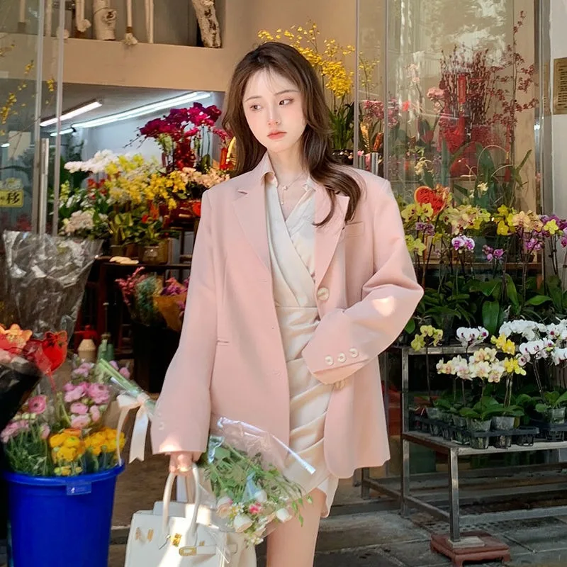 

Korean Inspired Gentle Sweet Women's Pink Blazer Spring Fall High Quality Slimming Versatile Casual Trendy Solid Loose Blazer