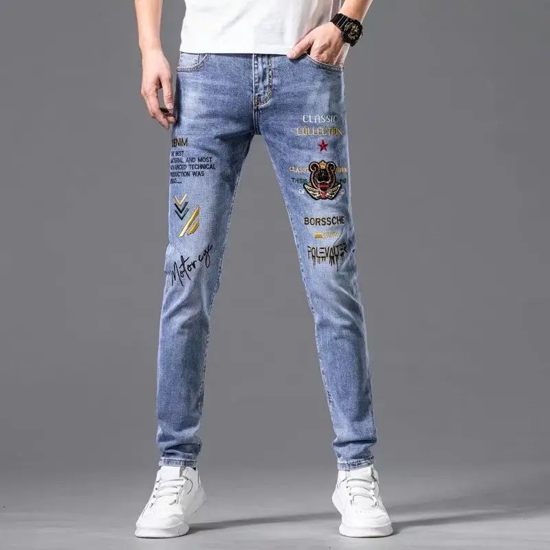 

High-end Spring Autumn Blue Jeans Stretch Luxury Embroidery Slim Boyfriend Streetwear Casual Work Cowboy Jeans Man Pants