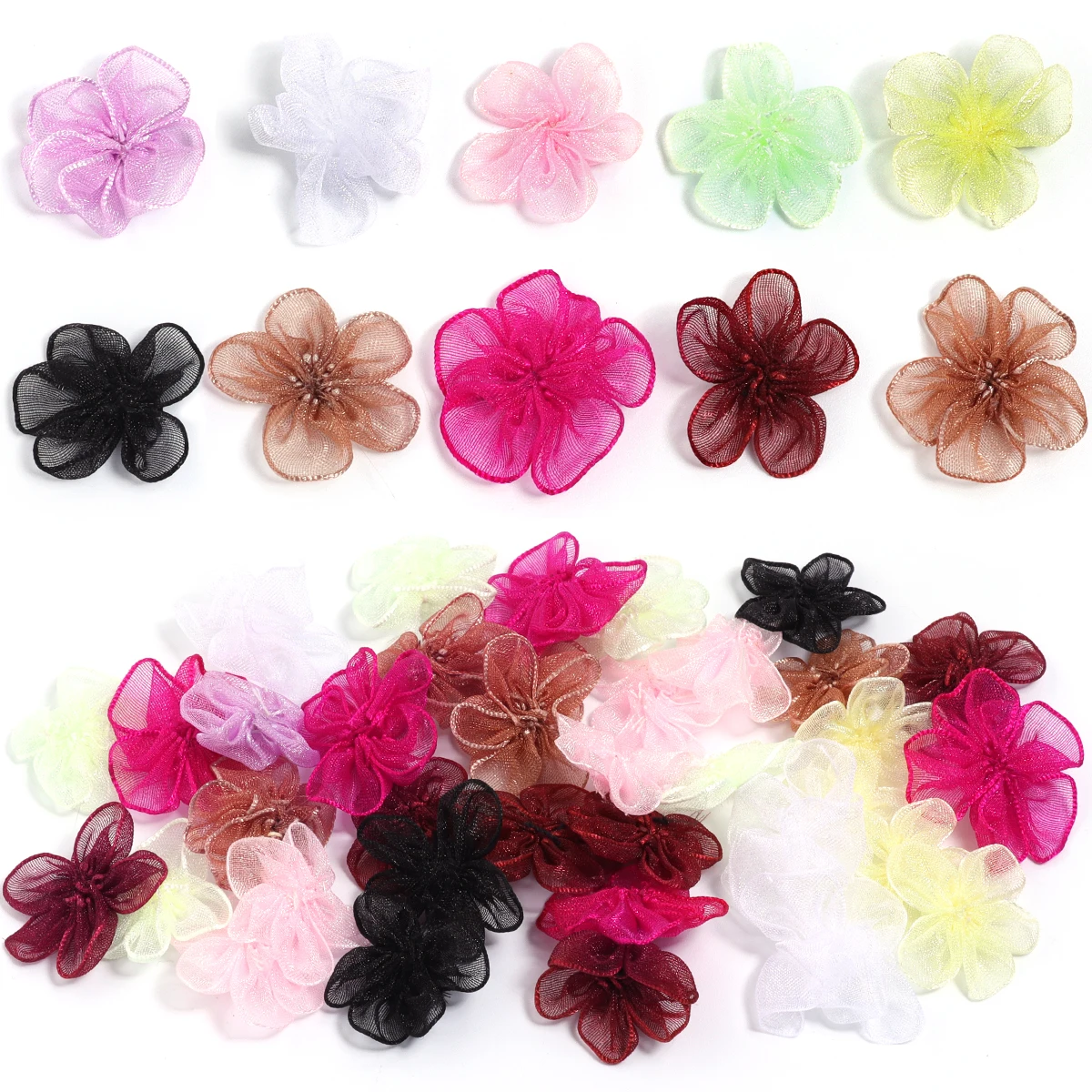 20pcs Organza Fabric Artificial Flower Multicolor Lace Five Petal Flowers Appliques For DIY Crafts Clothes Sewing Wedding Decora