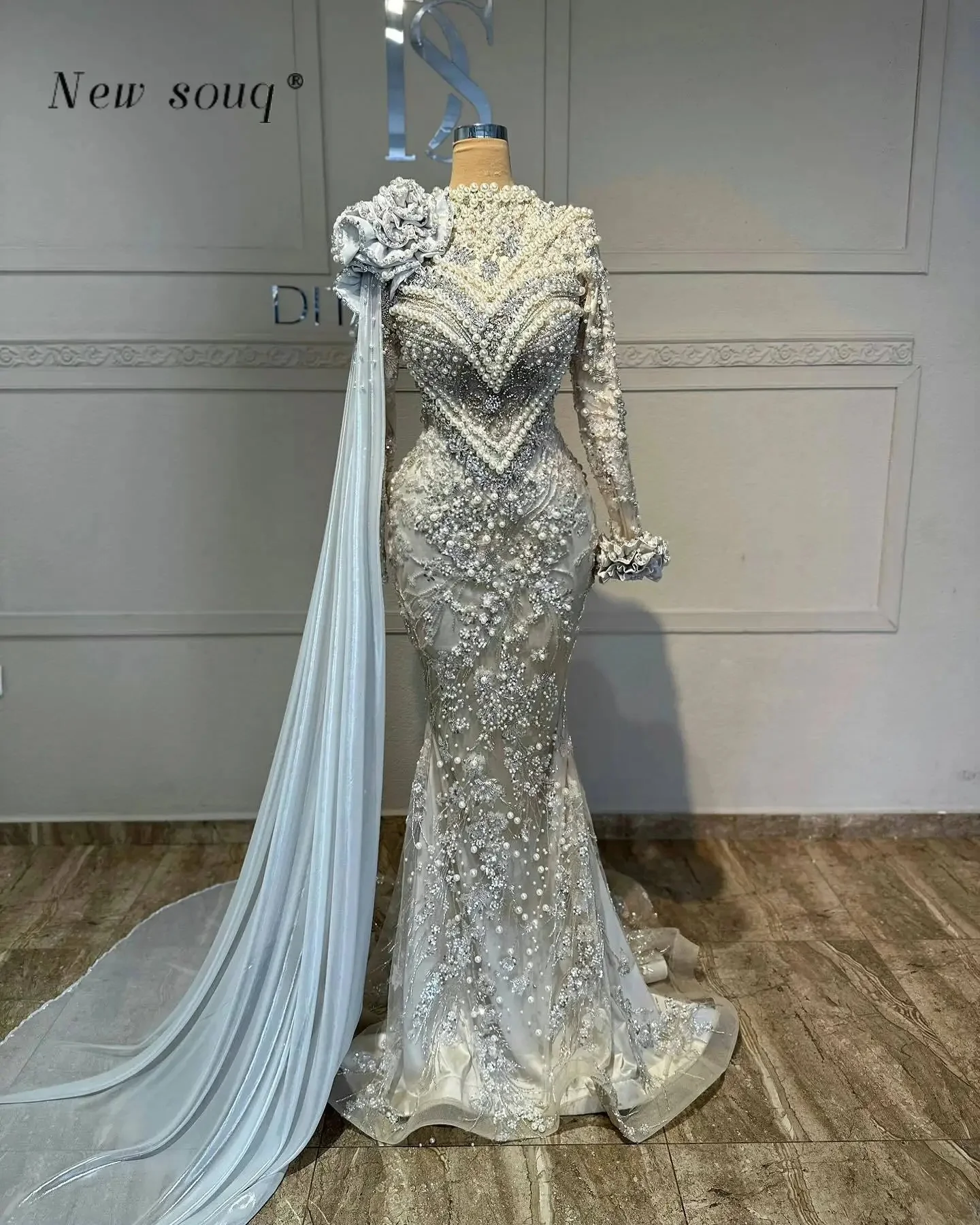 

Dubai Arabic Pearls Beaded Mermaid Evening Dresses Customized Formal Muslim Gowns Elegant for Women Wedding Party