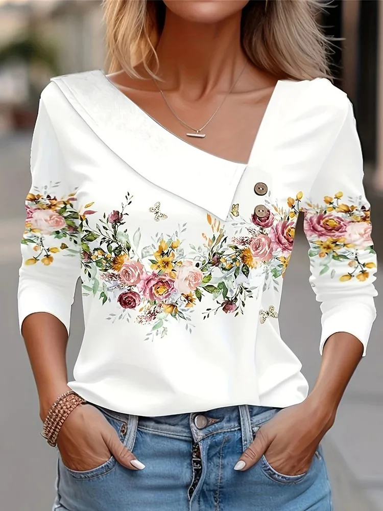 Women White Top, Diagonal Collar Long Sleeved T-shirt, Floral Print, Elegant Street Clothing, Spring And Autumn Fashion, Novelty