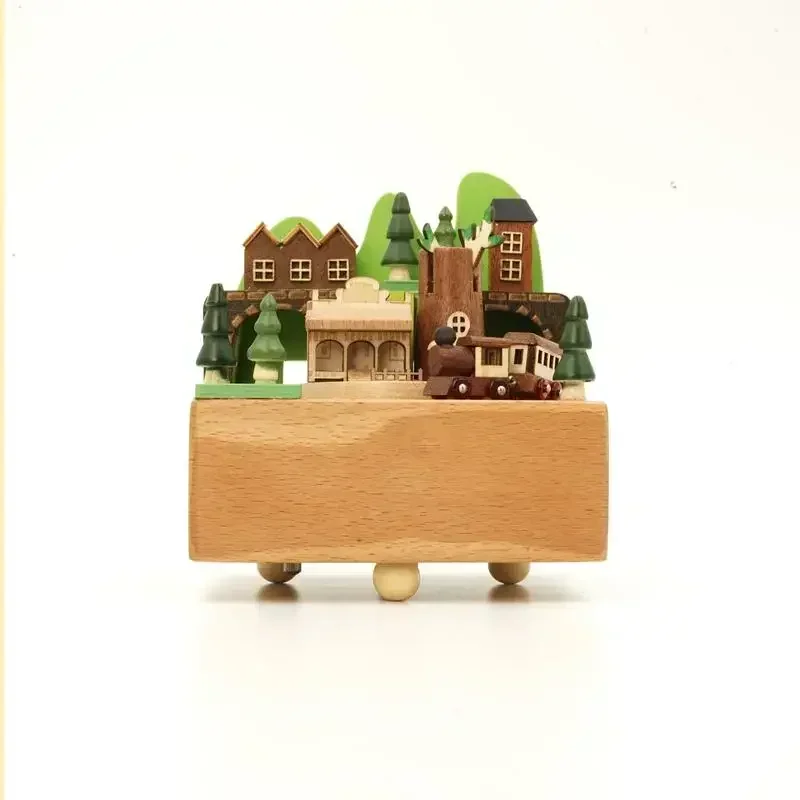 Wooden Music Box ,Country Series Train Dream Fairy Tale Town Music Box, Birthday Gift Healing Style Gift Box