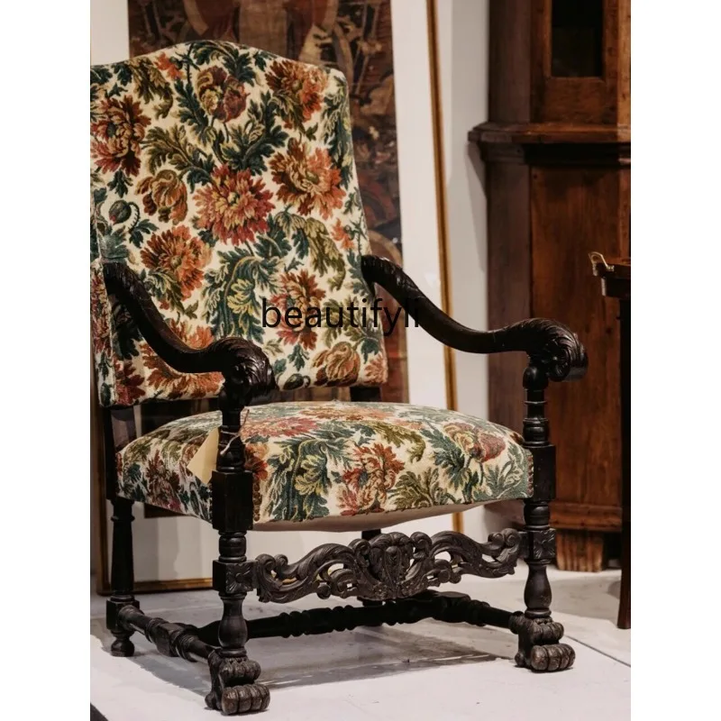 American Casual Handmade Carved Solid Wood Fabric Dining Chair Balcony Mild Luxury Retro Middle Ancient Classic French Style