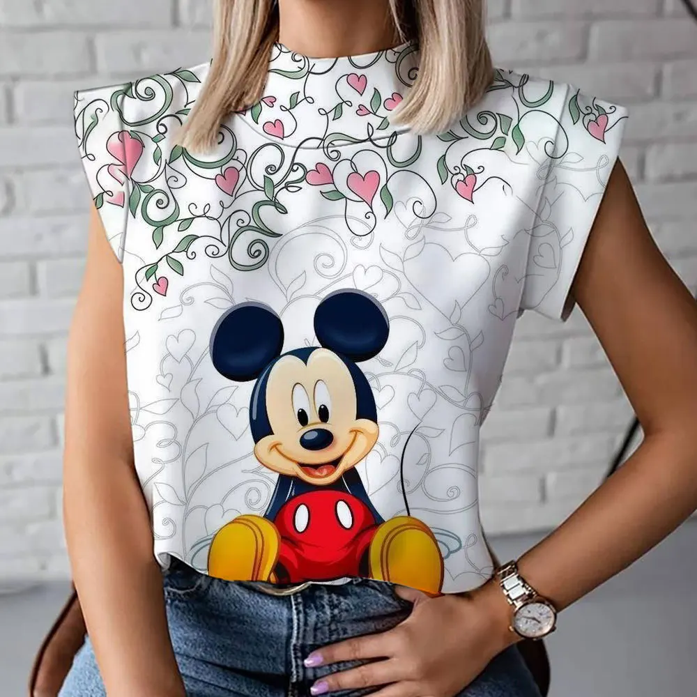 Modische und bequeme Damen T-Shirt mit hohem Kragen Mickey Minnie 3d Cartoon lässig Kurzarm 2024 neu