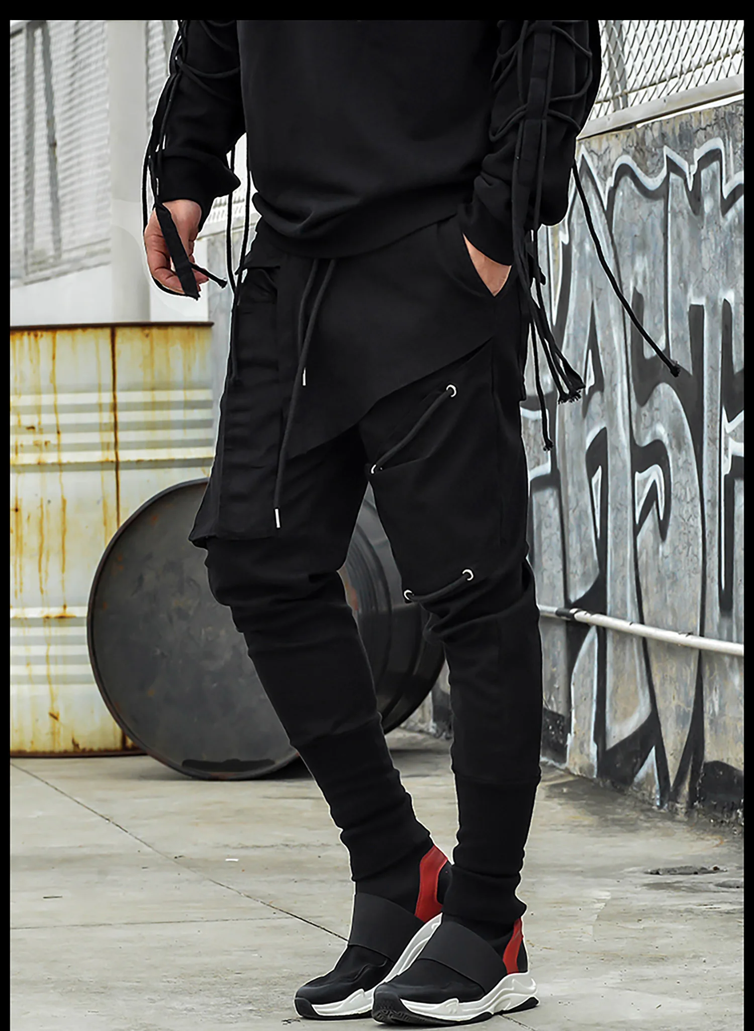 Mens Women Unisex Asymmetric Layered Black Ankle Pants Cargo Techwear Streetwear Drawstring Elastic Waist Size S-5XL