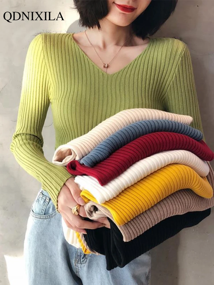 Women\'s Sweater 2024 Autumn Winter New V-neck Slim Warm Knitted Long-sleeve Bottoming Shirt Korean Casual Pullovers Knitwear Top