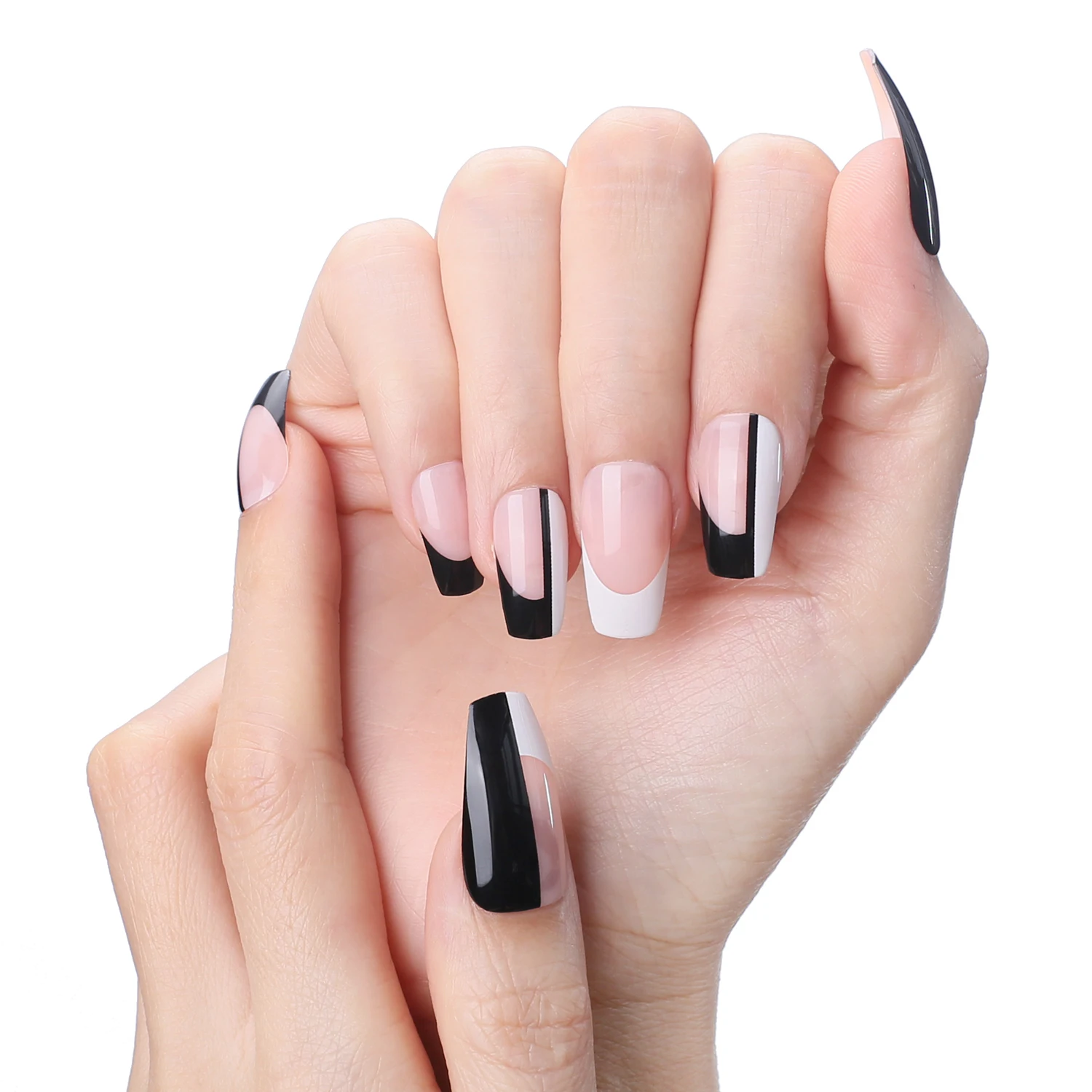 MqpQ Ballet Salon Black & White Geometric Pattern French Fake Nails Quickly On & Off Safe And Healthy Coffin Fasle nails