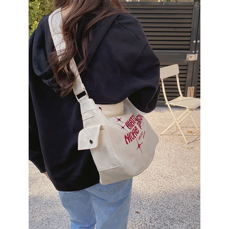 Canvas Designer Women Crossbody Bags with Long Strap Casual Large Capacity Big Tote Handbag Letter Girl College School Bag New