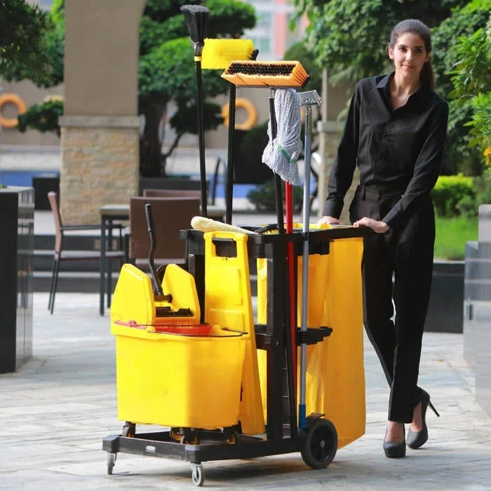 Wholesale restaurant service multifunction hotel plastic housekeeping serving folding cleaning trolley janitorial cart