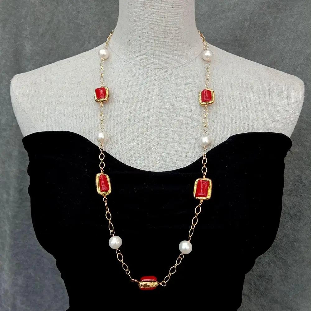 KKGEM  gold plated chain 15x20mm Red Coral natural Freshwater Cultured White Pearl Statetion Long Necklace 30" view 3