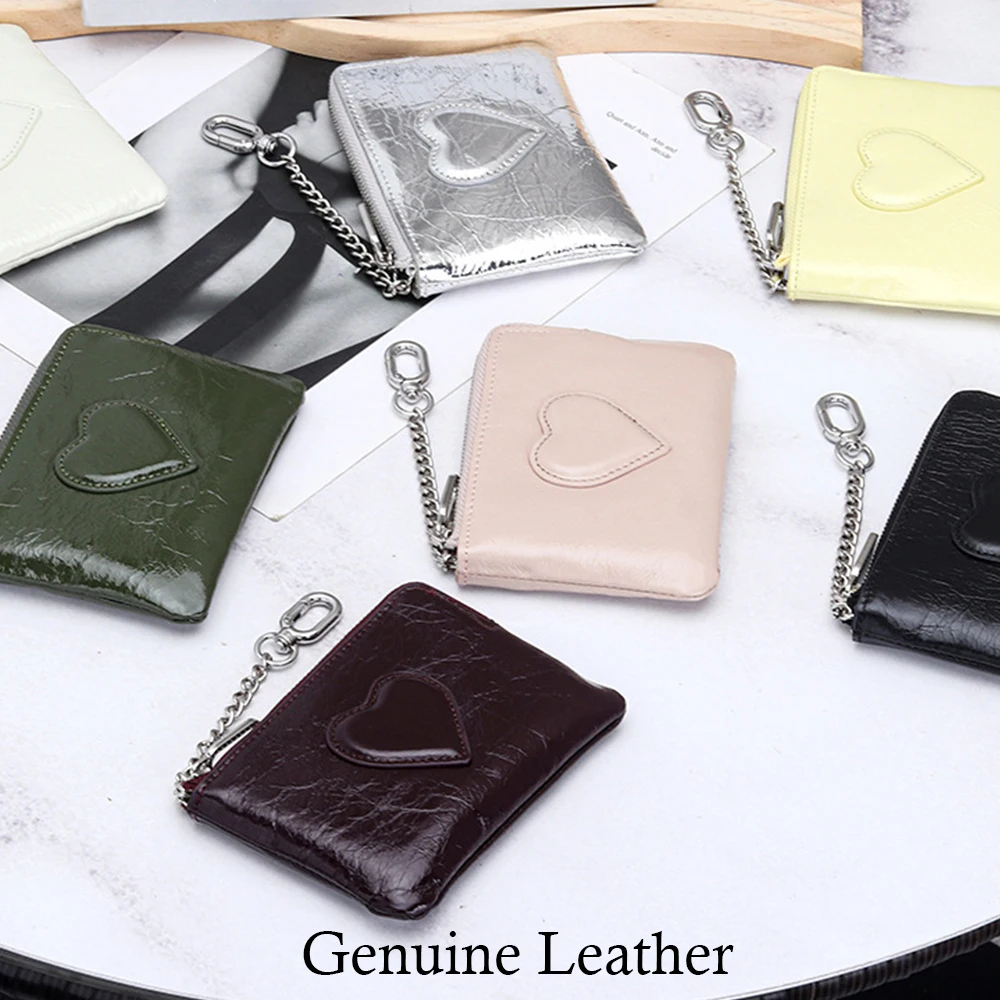 Genuine Leather Coin Purse Y2K Women 2026 Trendy Zipper Card Pouch with Chain Top Layer Cow Leather Cracked Oil Wax Heart Decors