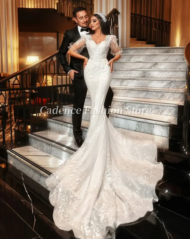 تخصيص 2025 مثير الخامس الرقبة حورية البحر فساتين الزفاف العربية الدانتيل زين طويل الطابق طول زي العرائس الشرق الأوسط