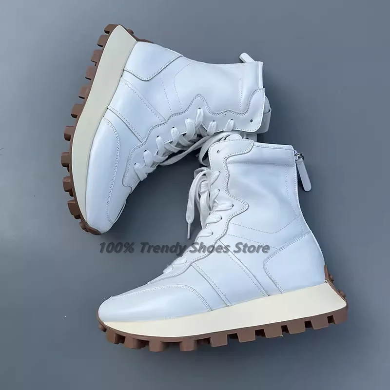 

White Cowhide Ankle Boots For Women, Thick Sole Height Increasing Sports High Top Shoes All Leather Short Boots