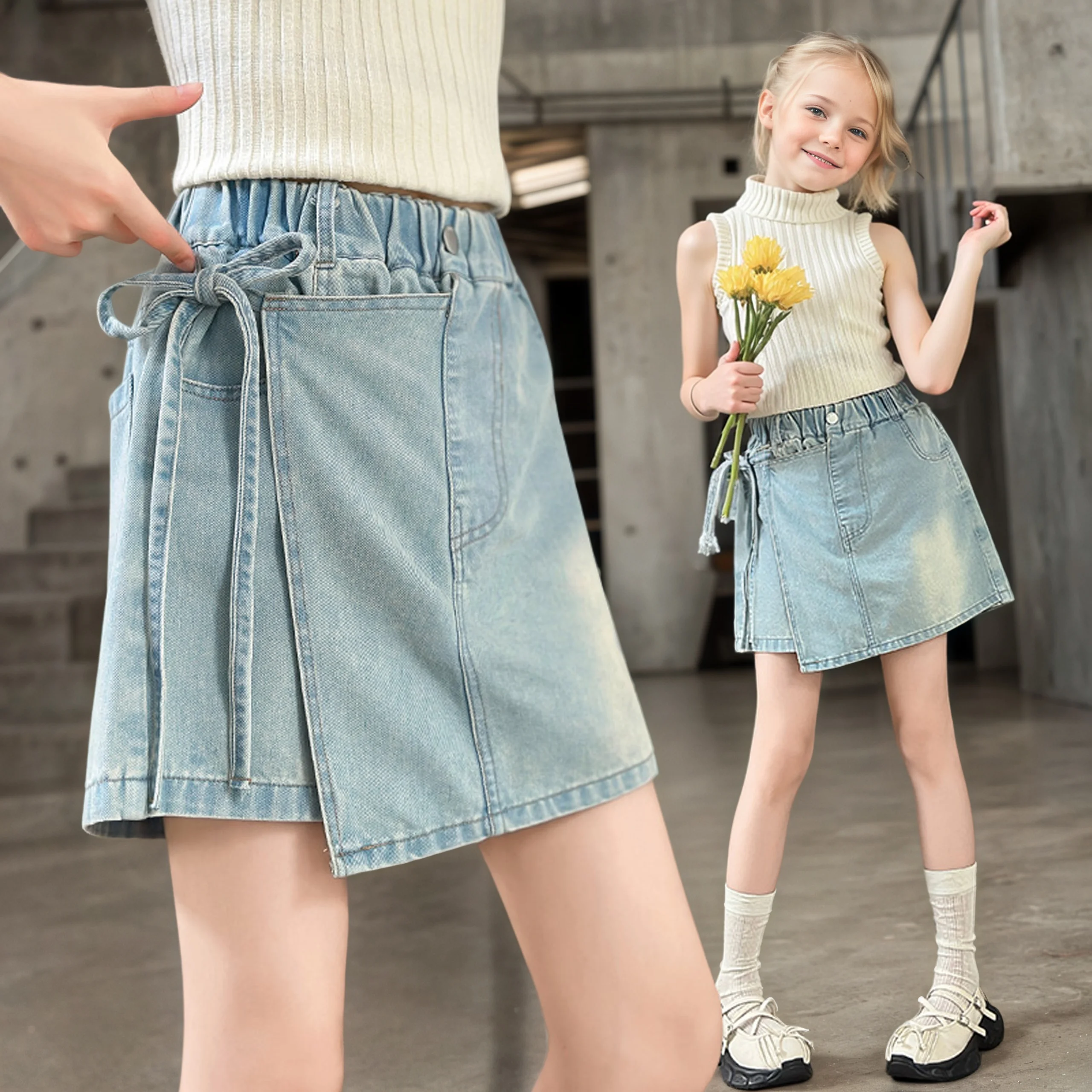 Girls summer denim skirt shorts tether decoration 2025 new fashion jeans casual sports shorts 5-15 years old
