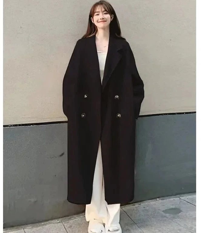 

Модное женское шерстяное пальто в стиле Хепберн средней длины из толстого волокна в корейском стиле, свободный крой, осень-зима, новое поступление