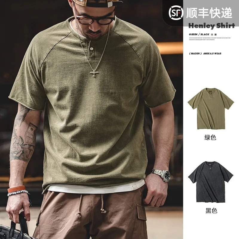 

Madden workwear retro distressed Henry collar elastic slim fit short sleeve khaki American tough guy T-shirt men summer