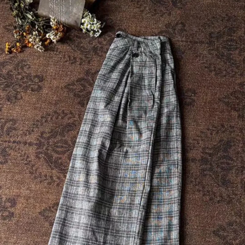 WVGA 2026 Spring Autumn New Men's Plaid Linen Trendy Loose Wide-leg Pants Niche Chic Casual Printed Straight Trousers Ins W27764