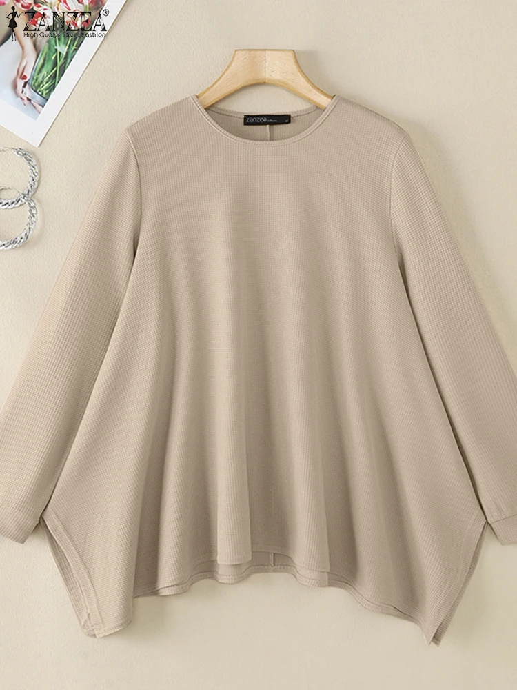 

ZANZEA Plus Size T-shirts Autumn Knitting Women Long Sleeve Tees Solid Blusas Casual Loose Tops Irregular Hem Knitted Tunics