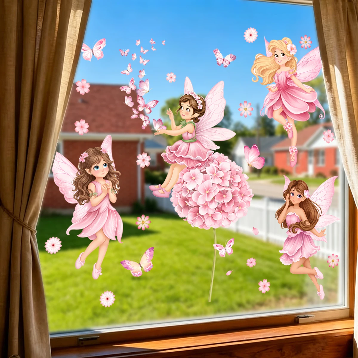 Rosa Cartoon-Fee-Schmetterlings-Fensteraufkleber, Frühlings-Blumen-Glasfensterdekoration, geeignet für Kinderzimmer, Schlafzimmer, Heimdekoration