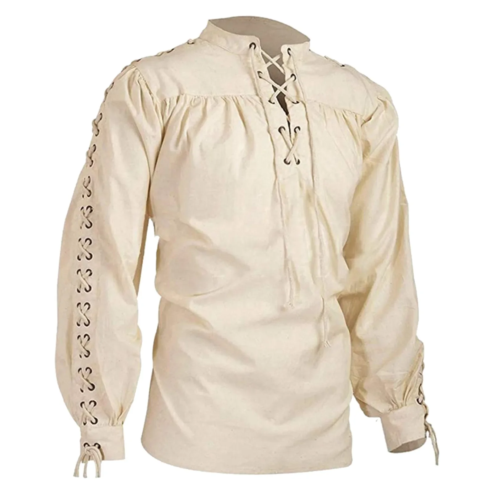 2026 Shirts Men Tunic Viking Pirate Costume Gothic Clothes Men Vintage Shirt Ruffle Neckline Drawstring Knight Cosplay Top