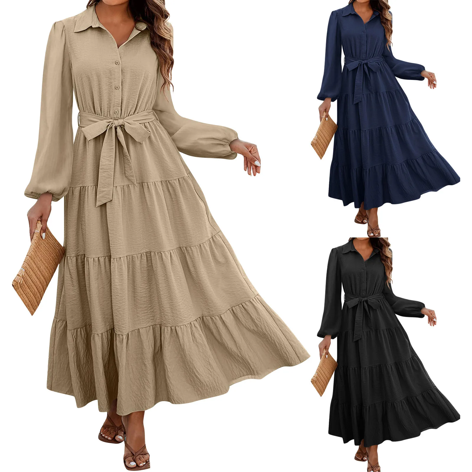 Summer Women\'s Elegant Dress New Fashion Casual Short Sleeve O-Neck Solid Color Retro Cotton Comfortable Loose Pocket Long Dress