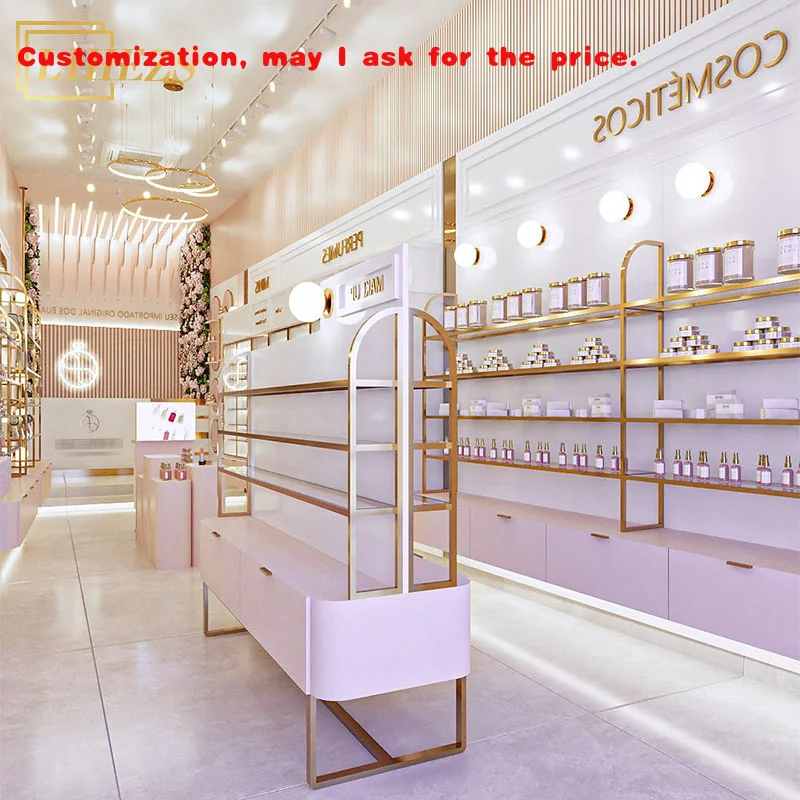 custom.Beautiful Cosmetic Store Design Cosmetic Floor Metal Display Stand Wall Shelves Cosmetics Makeup Store Furniture