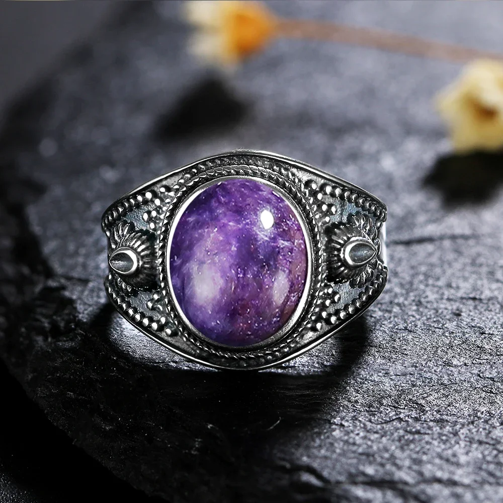 S925 Sterling Silver Rings Big Oval Natural Charoite Bead Gemstone Rings for Women Wedding Bands Anniversary Gift Fine Jewelry