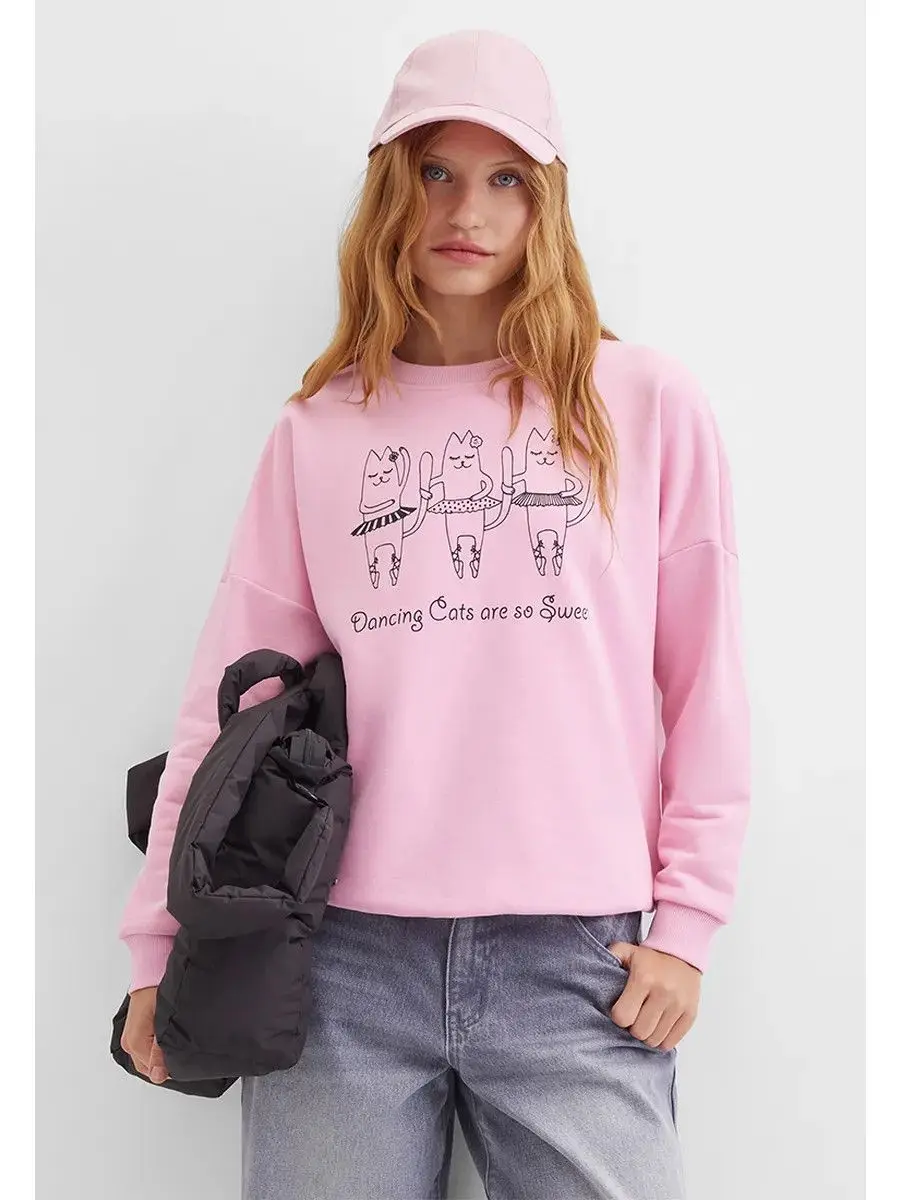 Zabawne Komiksy z Kotami Nadruk Różowe Bluzy Temperament Kobiety Moda Uliczna Okrągły Dekolt Oversize Pulower Jesień Modny Długi Rękaw