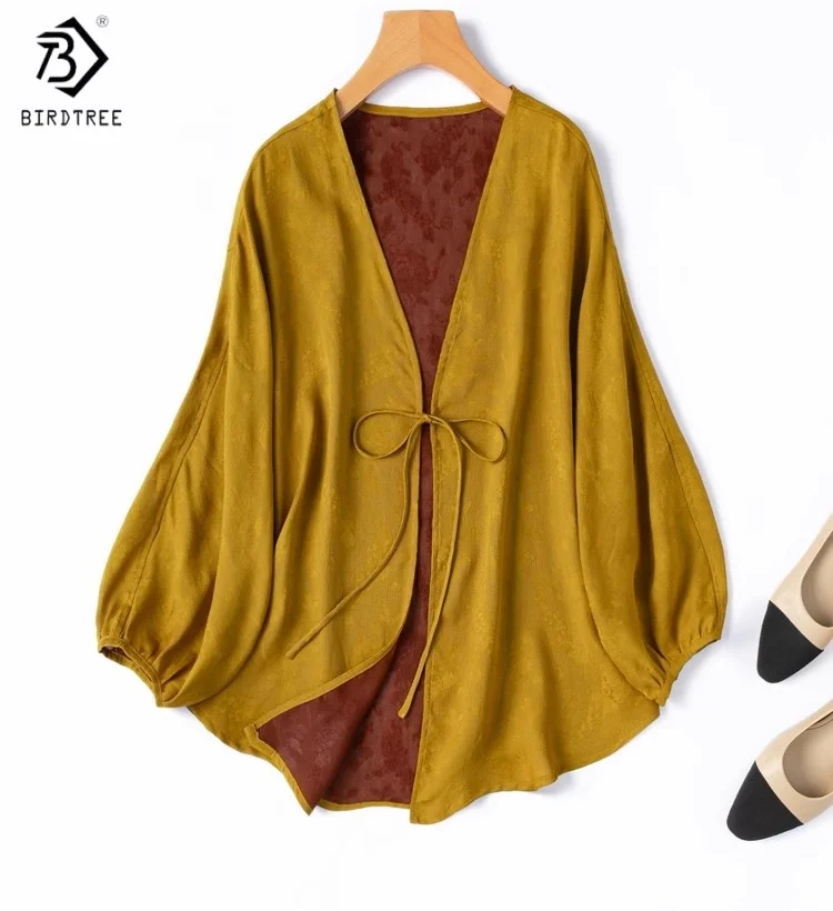

Birdtree 100% Mulberry Silk Coat,Cardigan Women Thin Sunproof Tops Loose Lantern Sleeves Shawl Blouses,Cover Up 2025 NewD55702JF