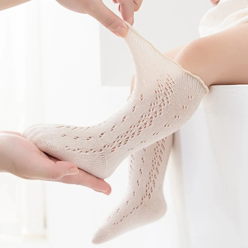 Chaussettes hautes en maille pour bébés filles, 6 couleurs, longues, fines, en coton, respirantes, à volants, princesse, printemps été 2024