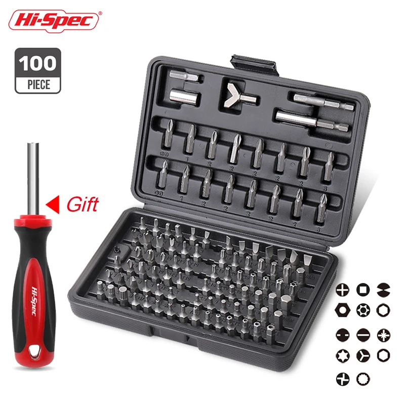 Hi-Spec Multifunction 100pcs/set Bits Set Sturdy Chrome Vanadium Steel Screwdriver Bit Head Set Professional 1/4'' Hex Bit Set