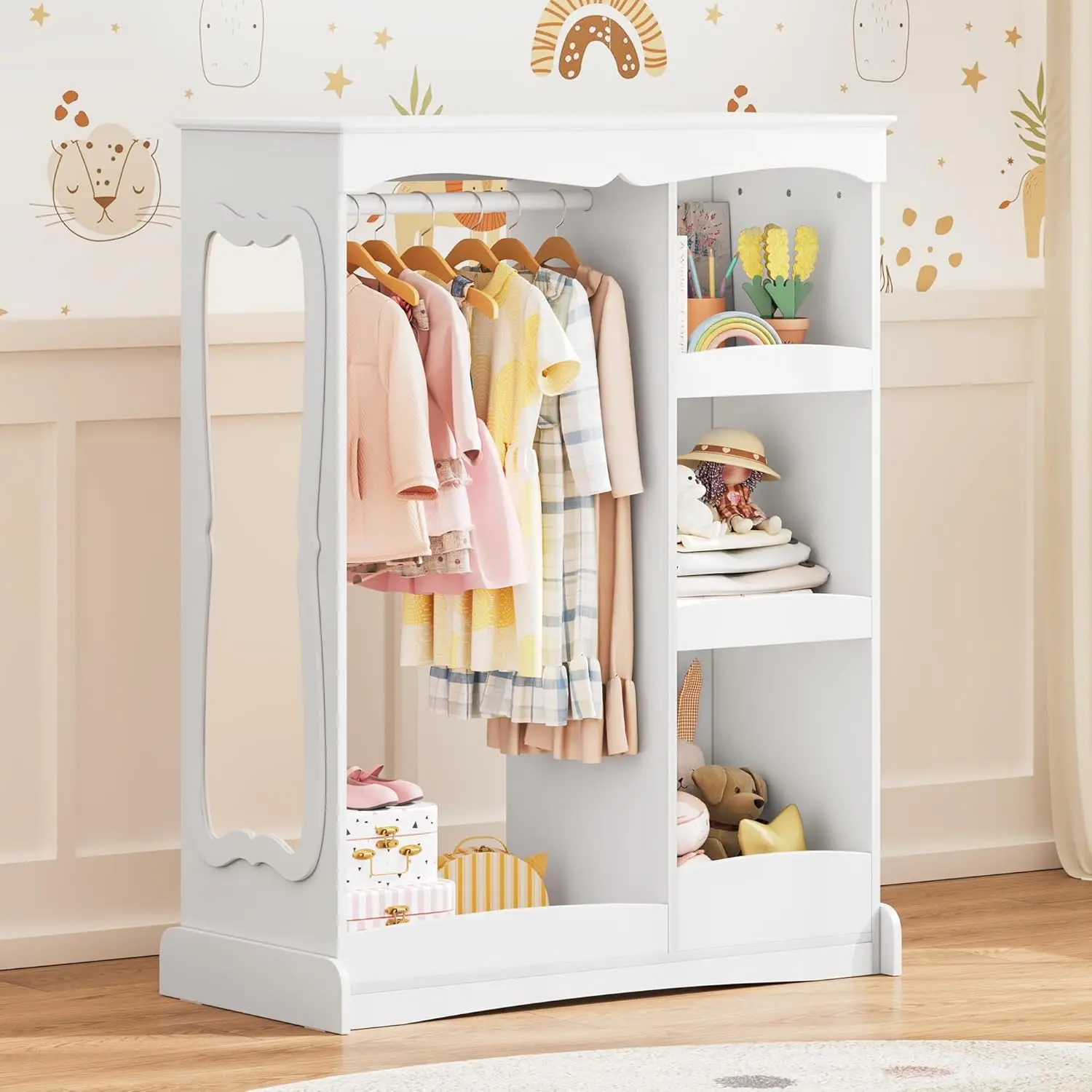 

Kids Dress Up Storage with Flower Mirror, Open Hanging Closet Wardrobe for Children, Kids Armoire & Costume Organizer