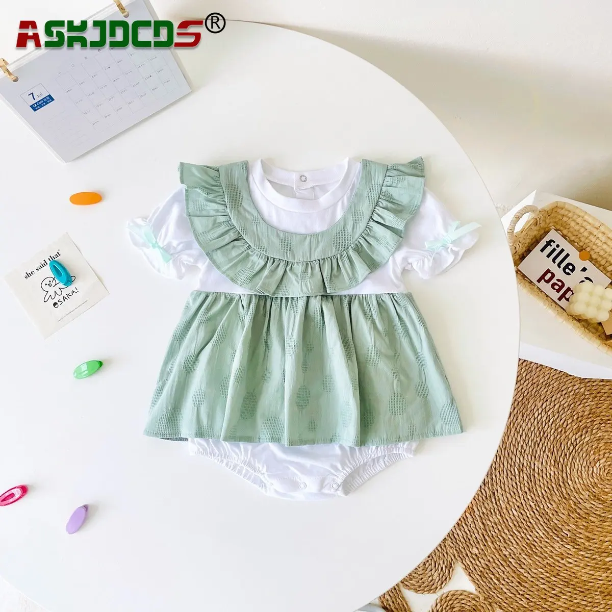 

2023 New In Newborn Kids Short Sleeve Patch Ruffles Dot 100% Cotton One-pieces Infant Baby Overalls Toddler Green Bodysuits 0-3Y