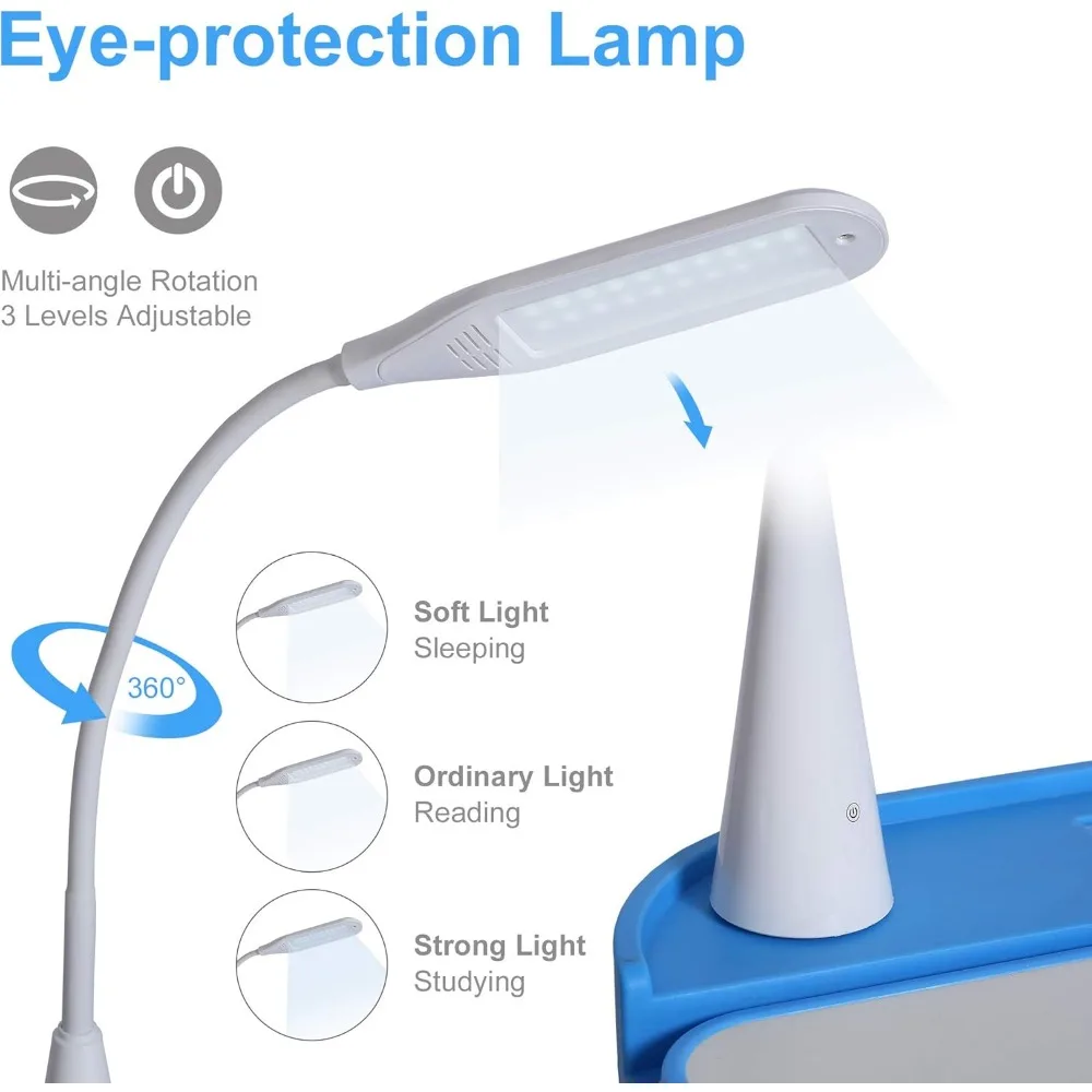 Conjunto de mesa e cadeiras, mesas de estudo e escrita ajustáveis em altura com tampo de mesa inclinado, luz LED, mesa e cadeira infantil