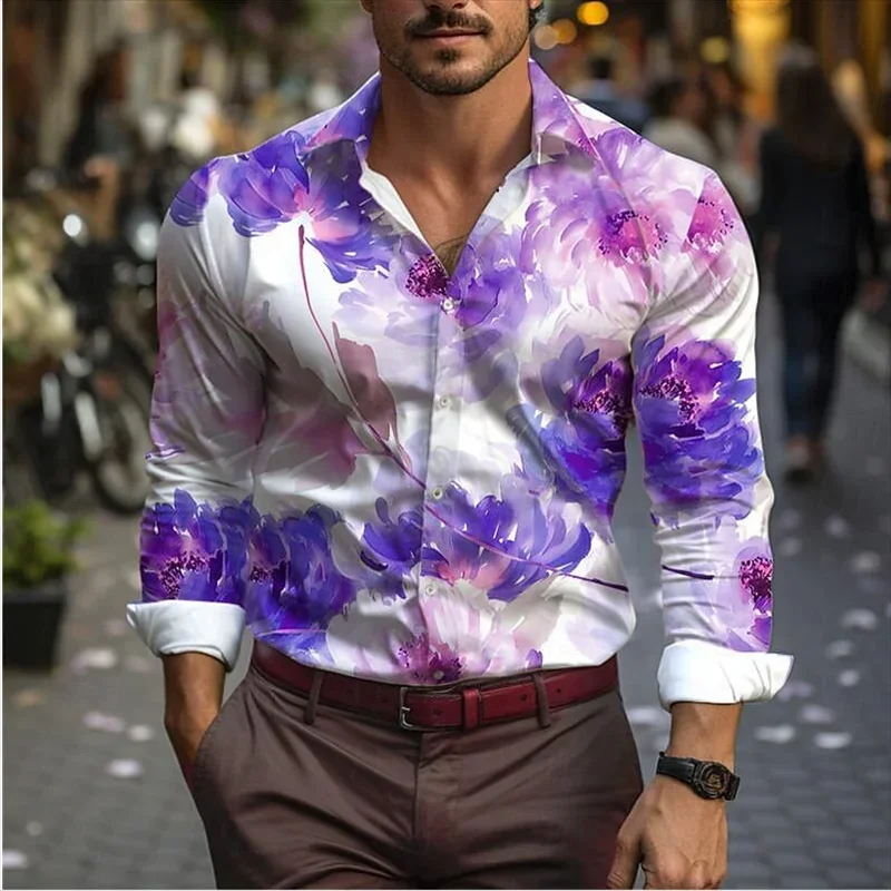 New 3D Color Flower Printed Long Sleeved Shirt Street Fashion And Retro Y2k men's Clothing Tops With Casual Design men's Shirts