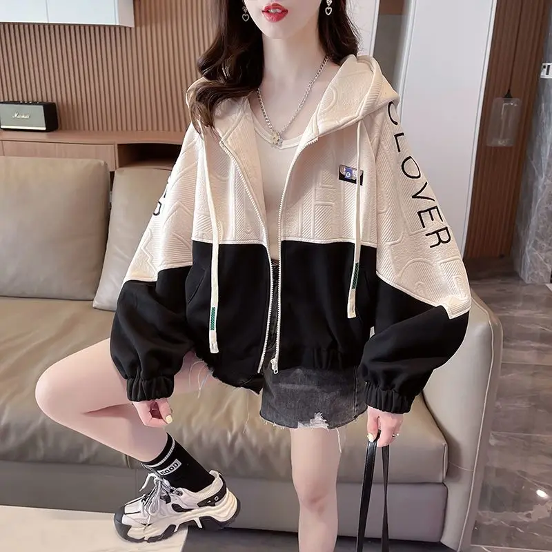 

Hooded Sweatshirts Long Sleeve Solid Color Patchwork Pocket Drawstring Zipper Fashion Loose Preppy Style Women's Clothing 2023