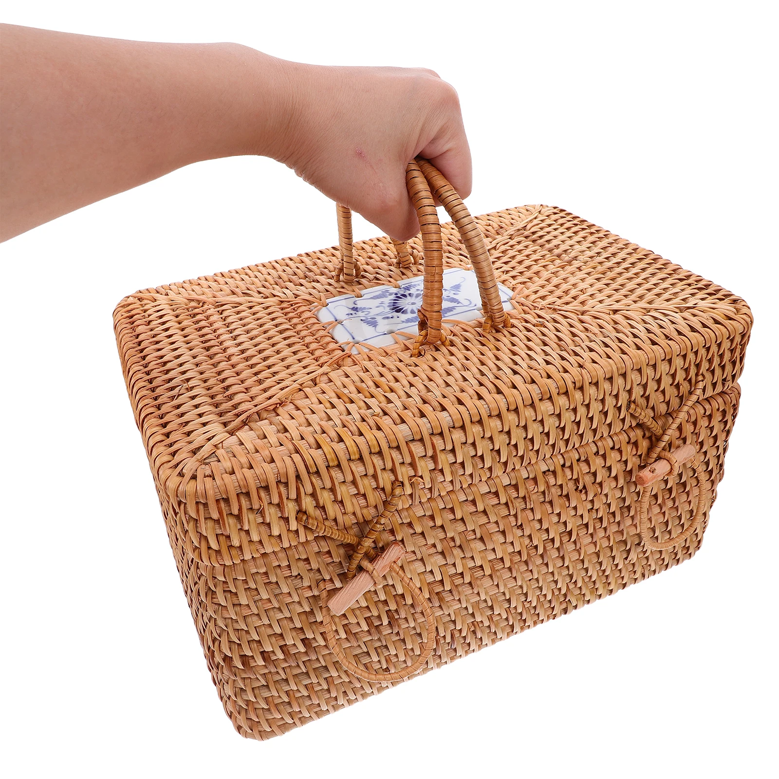 

Outdoor Storage Box Natural Handwoven Rattan Picnic Basket With Handle For Camping Farmhouse Kitchen Snack Fruit Organizer Woven