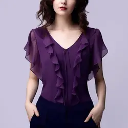 Blusa con volantes y cuello en V para mujer, camisa holgada de Manga mariposa con cordones, combina con todo, elegante, para oficina, novedad de verano, 2024