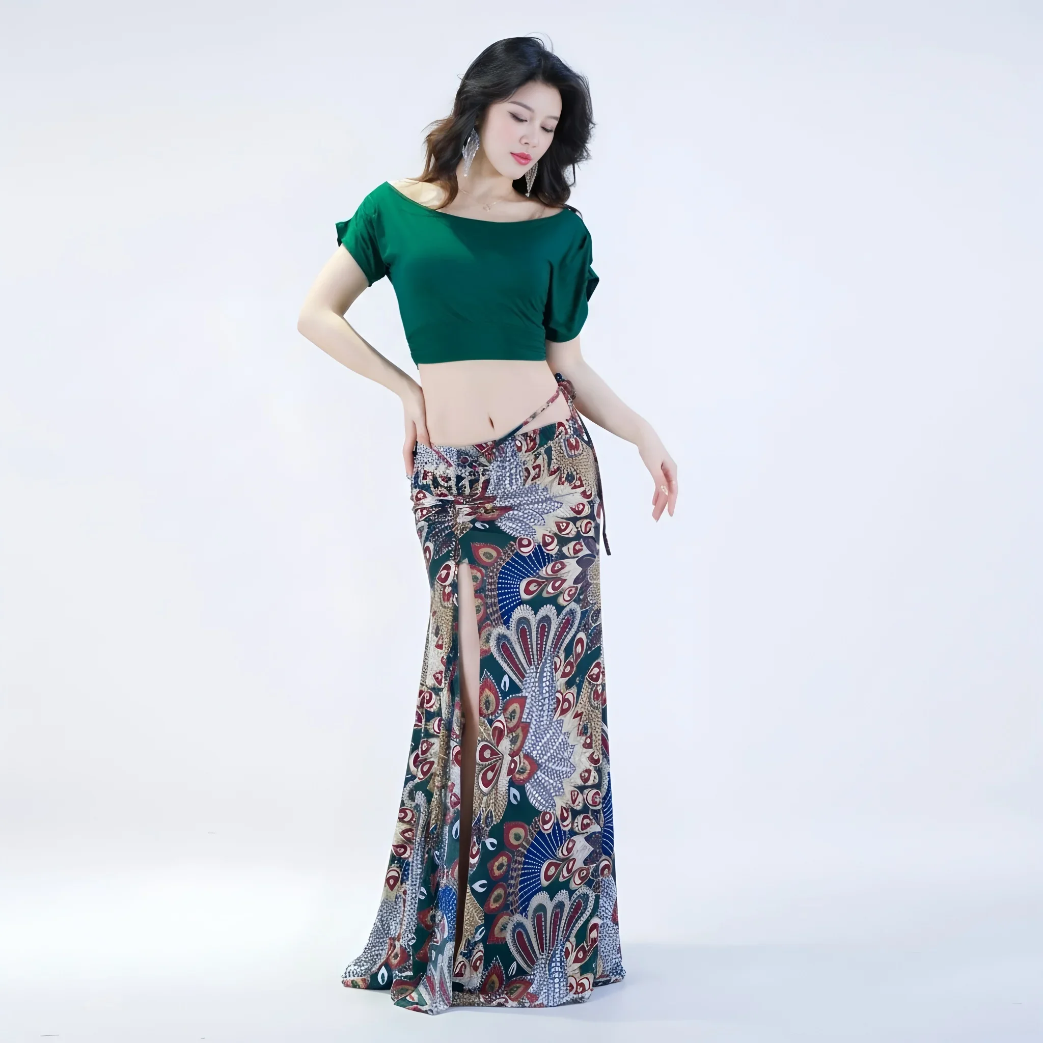 2 قطعة مجموعة النساء ملابس رقص البطن الرقص الشرقي بسط مشروط الزي فئة مجموعة الرقص بدلة تدريب الأزهار تنورة طويلة #2