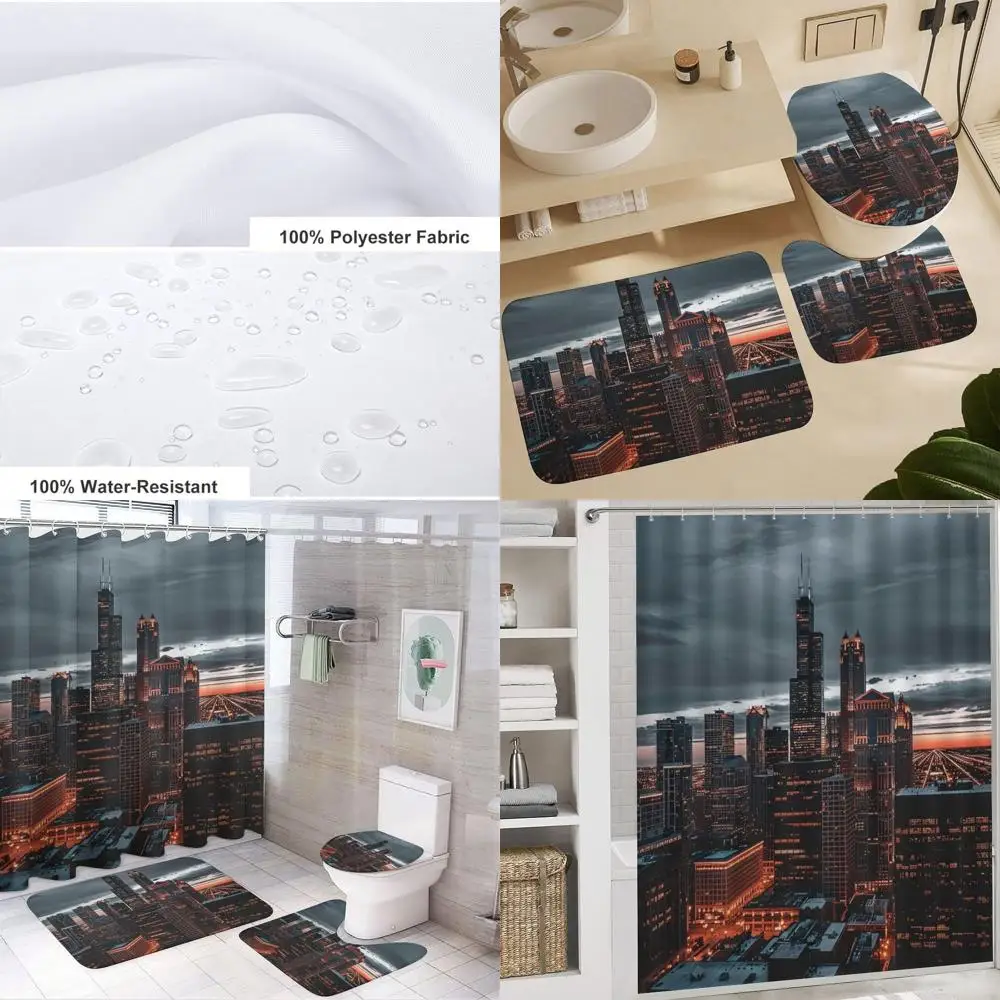 

4-Piece Modern Skyscraper Night Shower Curtain Set with Chicago Skyline, Bathroom Rugs, Toilet Lid Cover, Bath Mat, 72x72