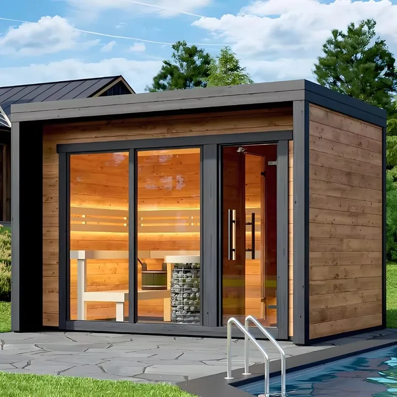 Commercial Grade Infrared System High-End Large Outdoor Wooden Sauna Room Accommodate 6 To 10 Guests For Resort Hotel