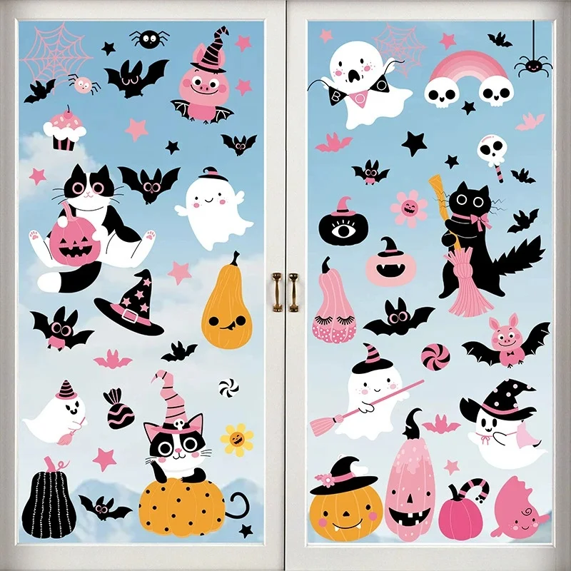 Rosa Halloween Kürbis Fensteraufkleber Cartoon Candy Cat Statische Aufkleber Schwarze Katze Geist Festival Happy Halloween Day 2025 9 Stück